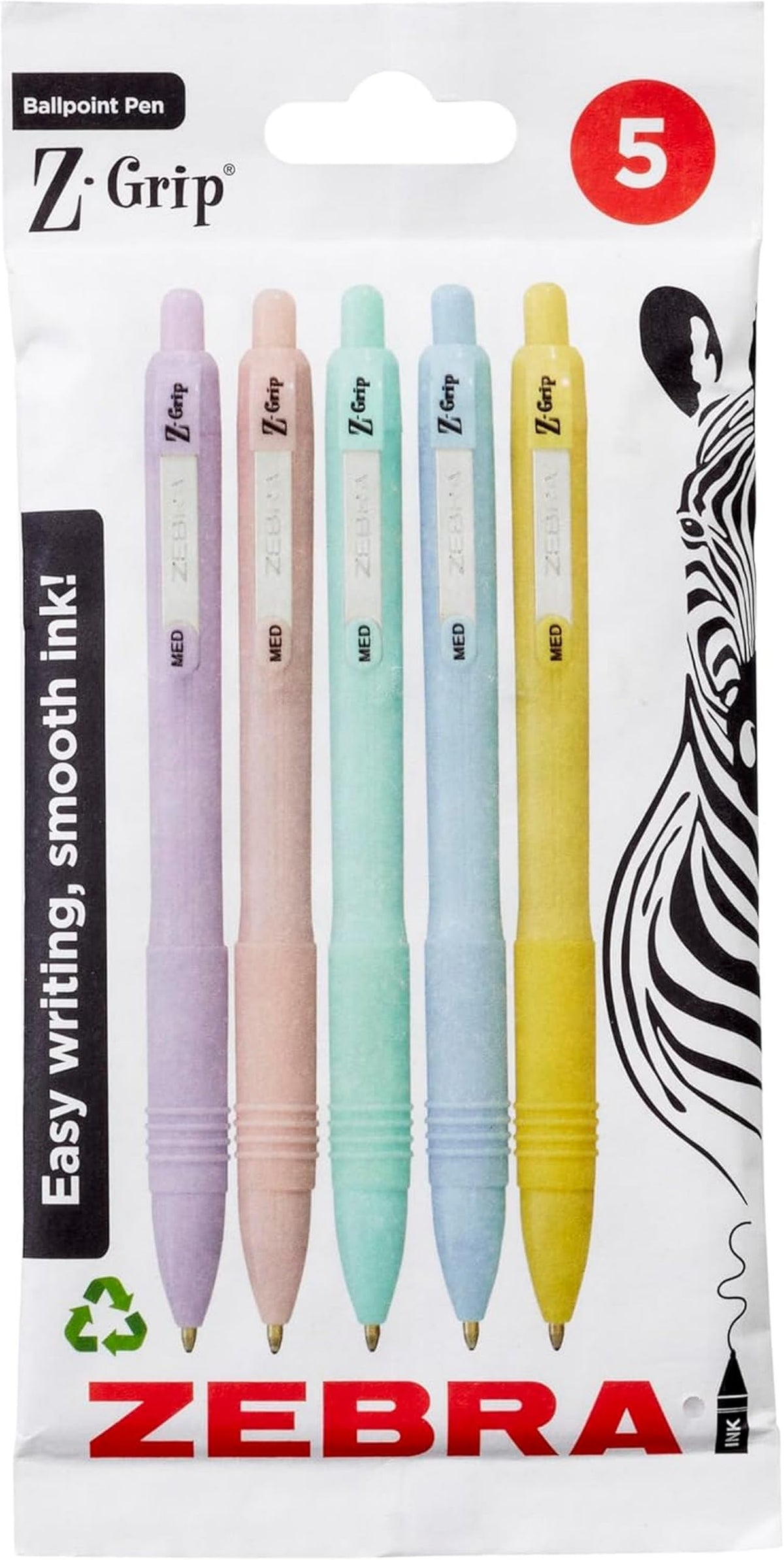 Zebra Pen Z-GRIP Smooth Ballpoint Pens Black Ink 5pk - Pastel Barrel 1mm Medium Point Retractable Ink Pens with Clip - Smooth Writing Pens with Low Viscosity Ink, Comfort Grip - 5 Pens Multipack