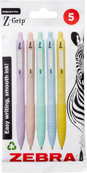 Zebra Pen Z-GRIP Smooth Ballpoint Pens Black Ink 5pk - Pastel Barrel 1mm Medium Point Retractable Ink Pens with Clip - Smooth Writing Pens with Low Viscosity Ink, Comfort Grip - 5 Pens Multipack