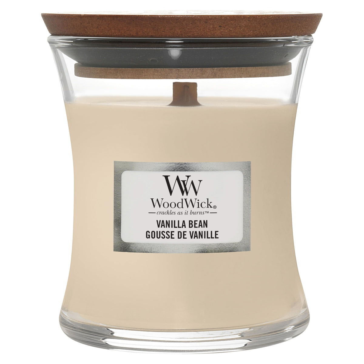 WoodWick Scented Candle with Crackling Wick | Vanilla Bean Mini Hourglass Candle | Up to 20 Hours Burn Time | Perfect Gifts for Women, 85g