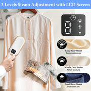 Steam Iron Travel Steamer with LCD Screen, 10S Fast Heat-up 2000W Steamer Clothing with 180° Rotatable Handle, Portable Handheld Clothes Steamer, 3 Steam Levels for Travel, Home, Office (White)