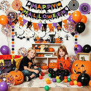 Fecedy Happy Halloween Banner Triangular bunting Paper flower fans Circle garland Latex balloons Swirls for Halloween Party decoration Indoor Outdoor Wall Door Decoration