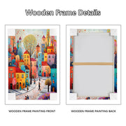 Wooden Framed Canvas Wall Art Colourful Town Painting on Canvas Prints Poster Artwork Fantasy House Trees Pictures for Living Room Bedroom Bathroom Dining Room Hallway Wall Decoration 30x40cm