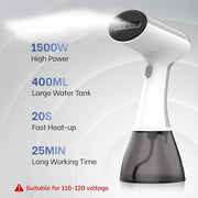 GS01 Handheld Clothes Steamer, 400ml Large Water Tank 1500W Fast Heat Up Portable Travel Wrinkle Remover (White-Grey)