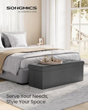 SONGMICS Ottoman Storage Box, Foldable Tufted Bench, 131L | 110 x 38 x 38 cm, Removable Divider, Foot Rest for Entryway Living Room, Grey and Black, Minota Collection, LSF80GYZ