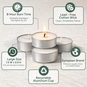 Zuvo Tea Lights 8 Hour Burn, Unscented White Tealight Candles, 50 Pack | Cotton wick, lead-free, 3.8 x 2.3 cm deep cup, fits standard holders, long burning for evenings