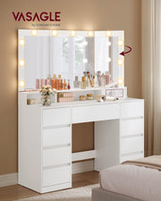 VASAGLE Dressing Table, Tri-Fold Mirror, 9 Drawers, Power Outlets | Vanity Table, Power Outlets, Drawer Slides Assembly, 3 Colours, Cloud White, KAILYN Collection RDT146WB02