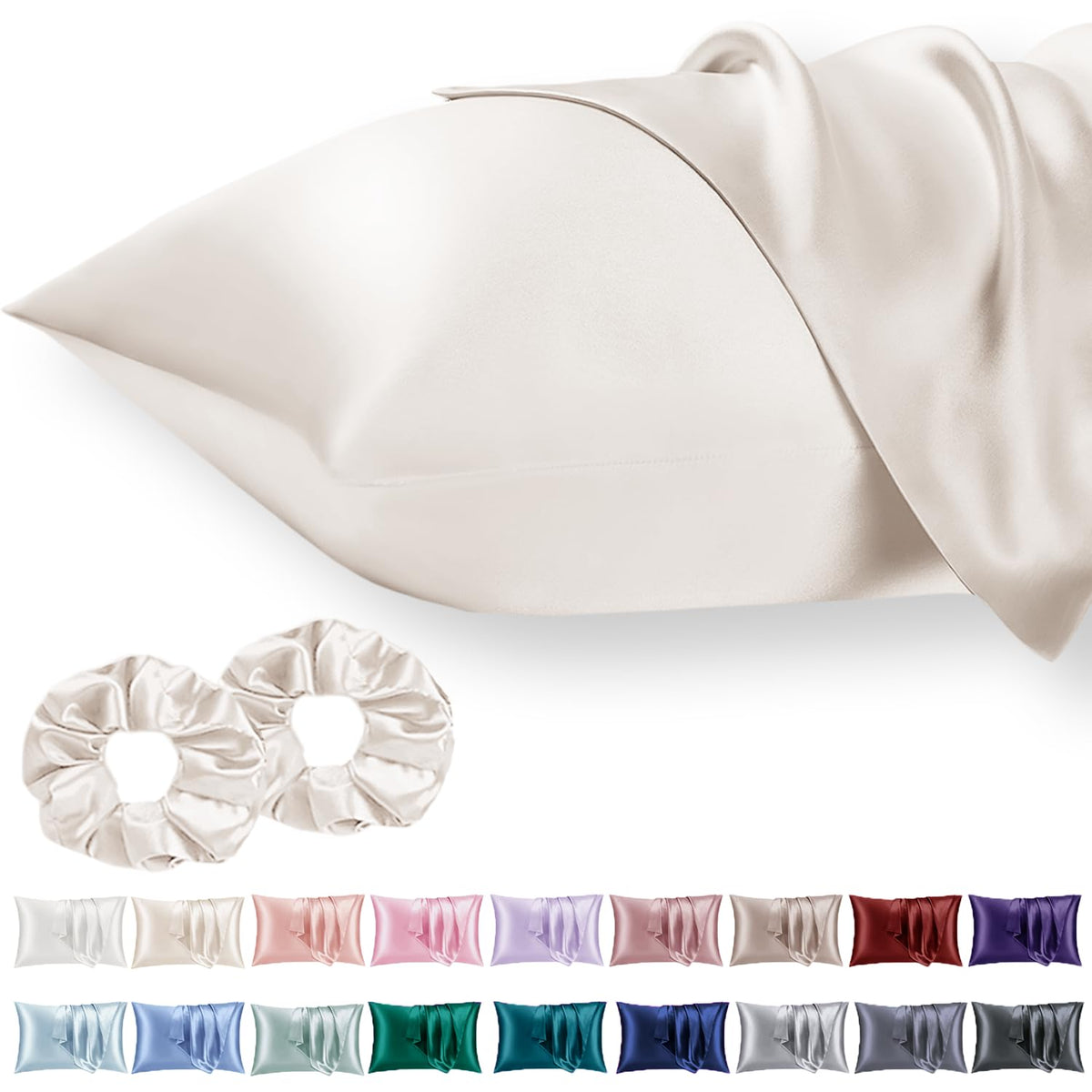Vielit 2 Pack Satin Pillowcase for Hair and Skin Cooling,Soft as Silk Pillowcase for Hair and Skin,Easier Care than Silk Pillow Case Beige 50x75cm Gifts for Women Envelope & 2 Scrunchies