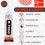 ALECPEA B-7000 Rhinestone Glue, Clear Craft Adhesive, 2 x 15 ml | Precision-tip clear glue for jewellery making, fabric, shoes, flatback gems, DIY crafts and phone screen repairs