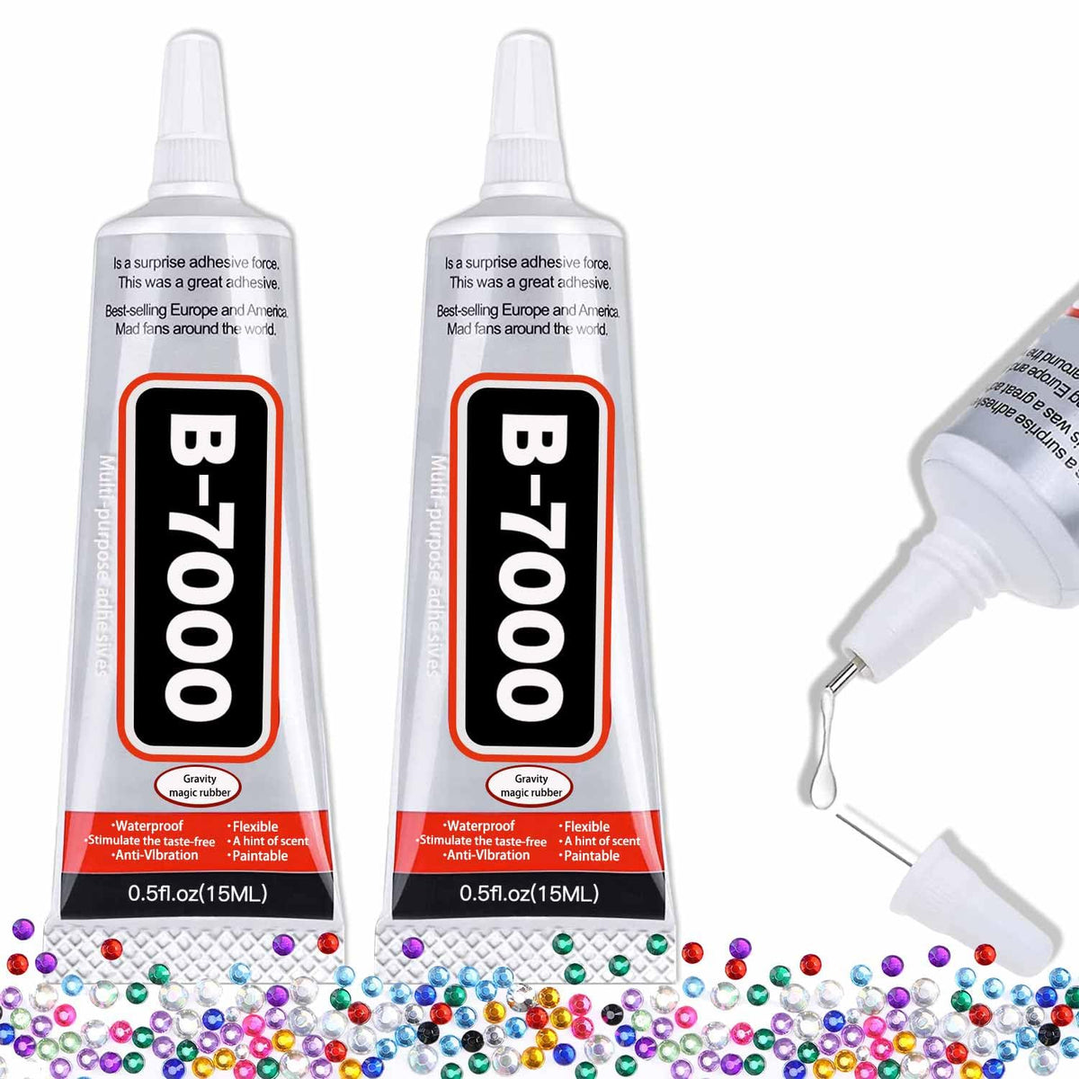 ALECPEA B-7000 Rhinestone Glue, Clear Craft Adhesive, 2 x 15 ml | Precision-tip clear glue for jewellery making, fabric, shoes, flatback gems, DIY crafts and phone screen repairs