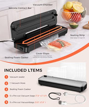 Vacuum Sealer Machine 75KPa, 6-in-1 Dry/Moist Modes, Digital Timer | Compact & lightweight body | Effortless one-touch operation | Extends food freshness 8 times longer Black Silver