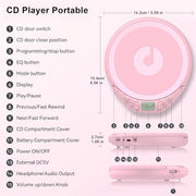 Gueray CD Player Portable with Earphones, CD Discman AUX Cable for Car Home | Personal Discman CD player,PROG memory, CD-R/RW MP3/WMA, Anti-skip shockproof protection, A-B repeat,LCD display