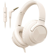 Wired Headphones with Microphone for School, 3.5mm Corded Headphones, Beige | Wired Over Ear Foldable Plug in Headphones, 4.9ft Tangle-Free Nylon Cord for School, Tablet, Laptop, MP3/4, Airplane Travel