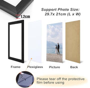 A4 Picture Frame Black, Wooden Photo Frame with Perspex 21x29.7cm, Black | Versatile, Safe Perspex Front, Wall Hanging Hooks, Landscape or Portrait Orientation, Wall-Mount & Desk Stand