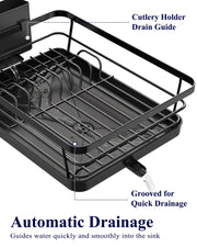 Kitsure Space-Saving Dish Drainer Rack with a Cutlery Holder, Large, Black | Rust-Resistant Dish Racks for Kitchen Counter, Automatic Drainage Draining Board Rack, Bowl And Utensil Storage