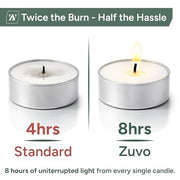 Zuvo Tea Lights 8 Hour Burn, Unscented White Tealight Candles, 50 Pack | Cotton wick, lead-free, 3.8 x 2.3 cm deep cup, fits standard holders, long burning for evenings