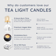 CUQOO Tea Lights Candles 50 Pack | 8 Hour Burn Unscented Tealights White | SMOKELESS WAX BURNER: long lasting · t lights · vegan · cotton wick · wedding decor · spa · religious