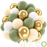 QIFU 52pcs Sage Green and Gold Balloons, Olive Green White Metallic Gold Latex Balloons with Cream Balloon for Jungle Theme Birthday Balloon Party Decoration Anniversary Baby Shower Wedding(12 inch)