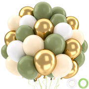 QIFU 52pcs Sage Green and Gold Balloons, Olive Green White Metallic Gold Latex Balloons with Cream Balloon for Jungle Theme Birthday Balloon Party Decoration Anniversary Baby Shower Wedding(12 inch)