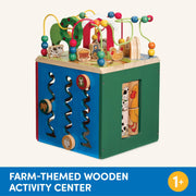 Battat Wooden Activity Cube - 5-Sided Play Center with Bead Maze, Doors | Farm-themed with bead maze, peekaboo doors, spinners, zig-zag race and mix-and-match animals, 1+ Years