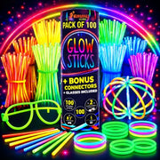 Glow Sticks 100 Pack with 100 Connectors( 205 Pcs Kit) Glow Glasses Kit-Ball and Triple Connectors-Glow in the Dark Party Supplies - Bracelets & Necklaces for Kids & Adults