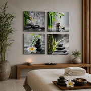 Canvas Wall Art Set of 4 Framed Zen Spa Bamboo Stone Prints, Wall Art for Living Room Bedroom Hallway Study, HD Moisture-Resistant Artwork with Velcro & Pre-Installed Hooks, No Drilling, 30 x 30 cm