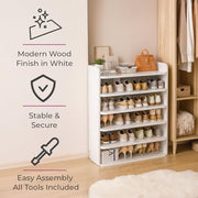 Neo White 6 Tier Wooden Shoe Rack Space-Saving Cabinet Organiser Shelving Storage Shelf for Entryway Hallway Closet Bedroom