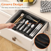 Lifewit Expandable Cutlery Drawer Organiser, 5-7 Compartments Utensil Tray | Adjustable Kitchen Drawer Dividers for Spoons Forks Knives, Plastic Storage Holder, 22-36 x 30cm, Small, Black