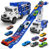 Transport Truck Toys for 3 4 5 6 7 Years Old Boys,Toys Cars Track Set Transporter Trucks with 12 Die-Cast Car Toys 2 Race catapults Dual-Track Model,Toddler Car Toy Set for Kids Boys Girls
