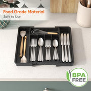 Lifewit Expandable Cutlery Drawer Organiser, 5-7 Compartments Utensil Tray | Adjustable Kitchen Drawer Dividers for Spoons Forks Knives, Plastic Storage Holder, 22-36 x 30cm, Small, Black