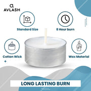 Avlash ® 8 Hour Tea Light Candles Pack of 50-8 Hour Burn Time - Shrink Wrapped, Unscented Tea Lights - White