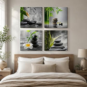 Canvas Wall Art Set of 4 Framed Zen Spa Bamboo Stone Prints, Wall Art for Living Room Bedroom Hallway Study, HD Moisture-Resistant Artwork with Velcro & Pre-Installed Hooks, No Drilling, 30 x 30 cm