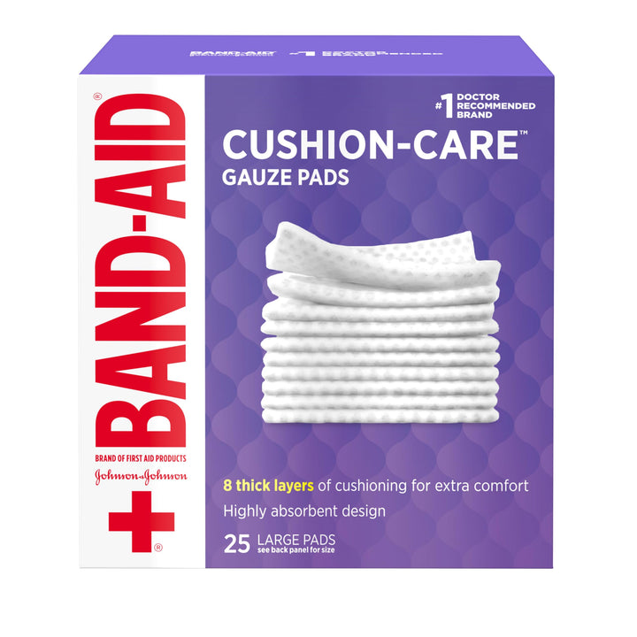 BAND-AID Brand Cushion-Care Gauze Pads, Large Size, 4 in x 4 in, 25 Count | Absorbent Dressing Pads, Non-Adhesive Comfortable Protection & Wound Care of Minor Cuts, Scrapes & Burns, For First Aid Kits