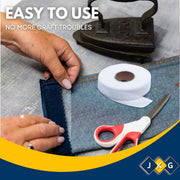 JKG® 25 meters IRON ON HEMMING WEB TAPE - EXTRA STRONG - Perfect for Ironing, Bonding, Patching clothing, Fabric fusing - School badges, trousers etc - NO SEWING REQUIRED (25m x 2cm)