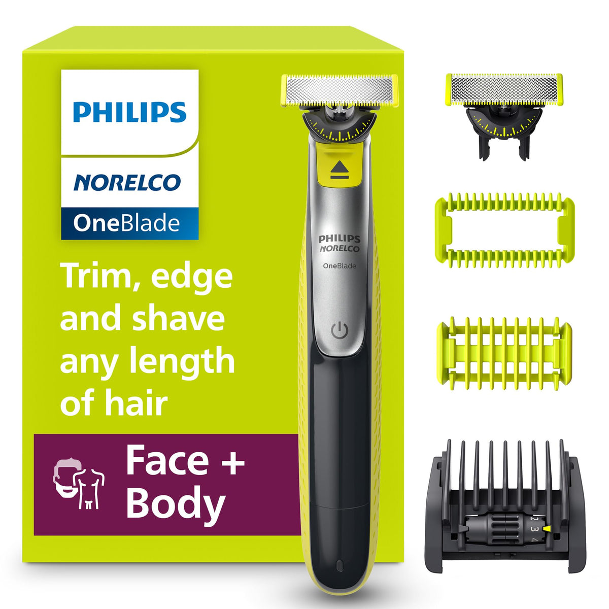 Philips Norelco OneBlade 360 Hybrid Face + Body Trimmer and Shaver | Trim, Edge & Shave Face & Body, Body Skin Guard, 5-in-1 Stubble Comb, 360 Contour Blade, Wet and Dry Use, 60-Minute Runtime