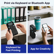 SUPVAN E11 Keyboard & Bluetooth Label Maker Machine with 4 Tapes | Rechargeable, Versatile App with 30+ Fonts and 660+ Icons, Minimal Margin, Inkless, for School, Home, Kitchen, Office