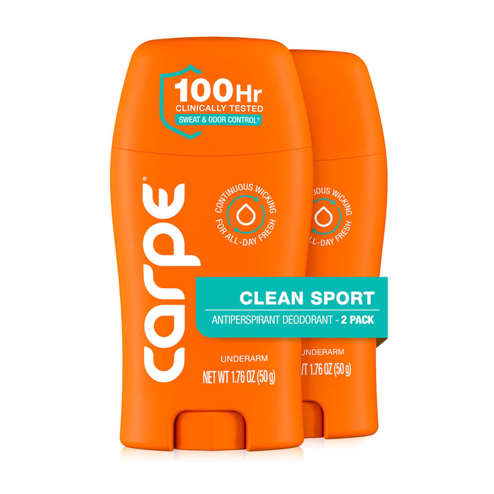Carpe 100-Hour Deodorant Antiperspirant for Men, Clean Sport - 2 Pack | Dermatologist Tested - 100 Hr Sweat & Odor Control - Free from Baking Soda & Parabens - Clinical Strength Deodorant - 2 Pack
