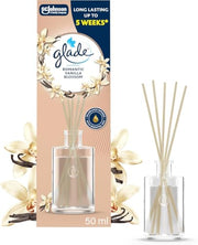 Glade Reed Diffuser, Romantic Vanilla Blossom, 50ml | Long-Lasting Home Fragrance, Continuous Room Air Freshener for Up to 5 Weeks, 1 Glass Diffuser & 5 Reed Sticks