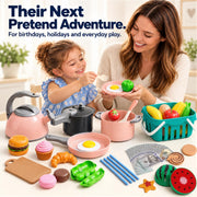 130Pcs Kitchen Playset, Toddler Pretend Cooking Play Pots, Pans, Utensils Cookware, Daily Food Fruit Veges, Shopping Storage Basket, Dessert, Prop Money, Learning Gift for Child (Pink)