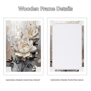 Wooden Framed Canvas Wall Art 3D White Floral Painting on Canvas Prints Poster Beige Gray Rose Blooming Flowers Pictures for Living Room Bedroom Dinning Room Hallway Wall Decoration 30x40cm