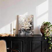 Wooden Framed Canvas Wall Art 3D White Floral Painting on Canvas Prints Poster Beige Gray Rose Blooming Flowers Pictures for Living Room Bedroom Dinning Room Hallway Wall Decoration 30x40cm