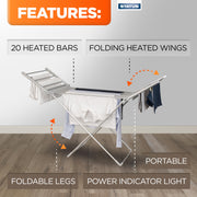Status 230W Heated Winged Clothes Airer, Foldable Aluminium Electric Drying Rack with 20 Rails and 94cm Wingspan, Low-Energy Indoor Laundry Dryer Stand, Silver (AHCA-230W1PKB)
