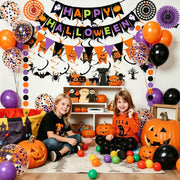 Fecedy Happy Halloween Banner Triangular bunting Paper flower fans Circle garland Latex balloons Swirls for Halloween Party decoration Indoor Outdoor Wall Door Decoration