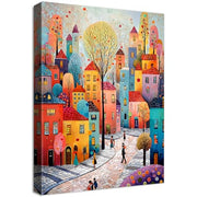 Wooden Framed Canvas Wall Art Colourful Town Painting on Canvas Prints Poster Artwork Fantasy House Trees Pictures for Living Room Bedroom Bathroom Dining Room Hallway Wall Decoration 30x40cm