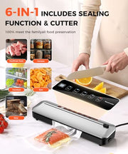 Vacuum Sealer Machine 75KPa, 6-in-1 Dry/Moist Modes, Digital Timer | Compact & lightweight body | Effortless one-touch operation | Extends food freshness 8 times longer Black Silver