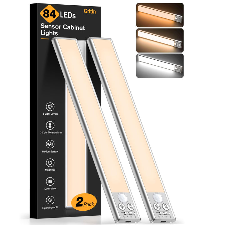 Gritin Under Cabinet Kitchen Lights Rechargeable 2 Pack-3 Color Temps | 5 Level Brightness, Super Bright,4 Modes,Motion Sensor,Long Lasting-Easy Installation Strong Magnetic Under Closet Light-26CM