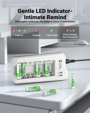 EBL AA AAA Battery Charger, 8 AA 2300mAh & 8 AAA 1100mAh NiMH, 2 USB Ports | 8-Bay AA AAA Individual Dual USB ports charge your phone while AA & AAA batteries power remotes, cameras, flashlights, toys