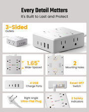 SUPERDANNY Extension Cord,Flat Plug Surge Protector Power Strip,10Ft | 8 AC & 4 USB Ports (2 USB C),Surge Protector with 1050J,Desk Charging Station for Home Office,College Dorm Room Essentials