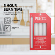 Price's Candles White Household Taper Candles Pack of 10 | Pack of 10, white wax, unscented, 5 hour burn, taper candles, dining, weddings, home décor
