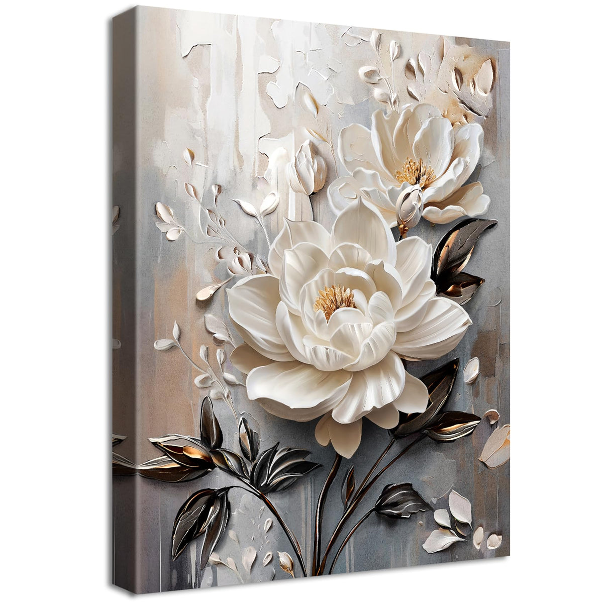 Wooden Framed Canvas Wall Art 3D White Floral Painting on Canvas Prints Poster Beige Gray Rose Blooming Flowers Pictures for Living Room Bedroom Dinning Room Hallway Wall Decoration 30x40cm