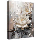 Wooden Framed Canvas Wall Art 3D White Floral Painting on Canvas Prints Poster Beige Gray Rose Blooming Flowers Pictures for Living Room Bedroom Dinning Room Hallway Wall Decoration 30x40cm